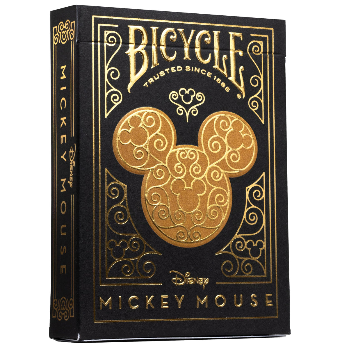 Bicycle Mickey Black & Gold playing cards back with metal foil for premium aesthetics.