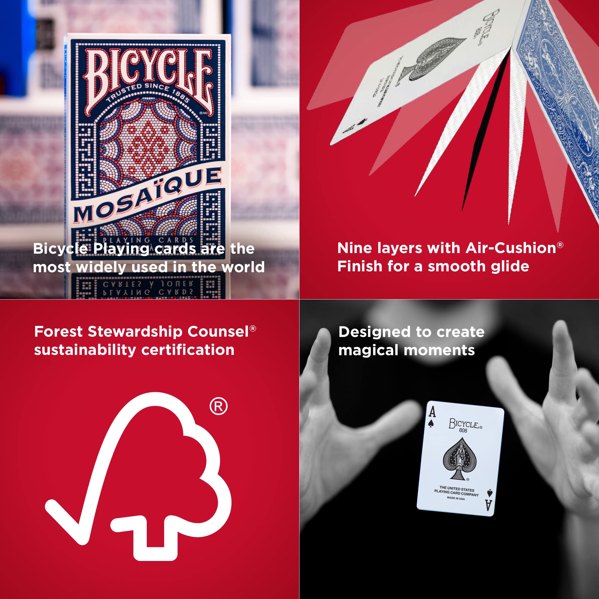 Bicycle Mosaique air-cushion finish promotes smooth shuffling and comfortable grip.