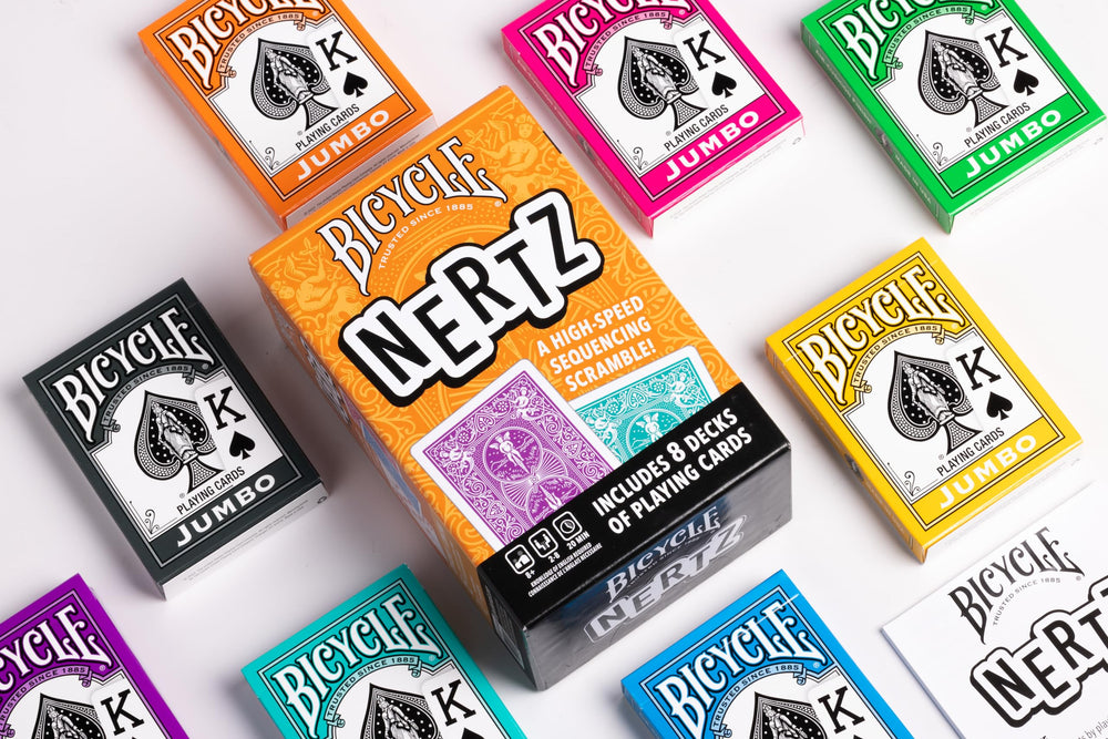 Bicycle Nertz family game night in action with up to eight players.