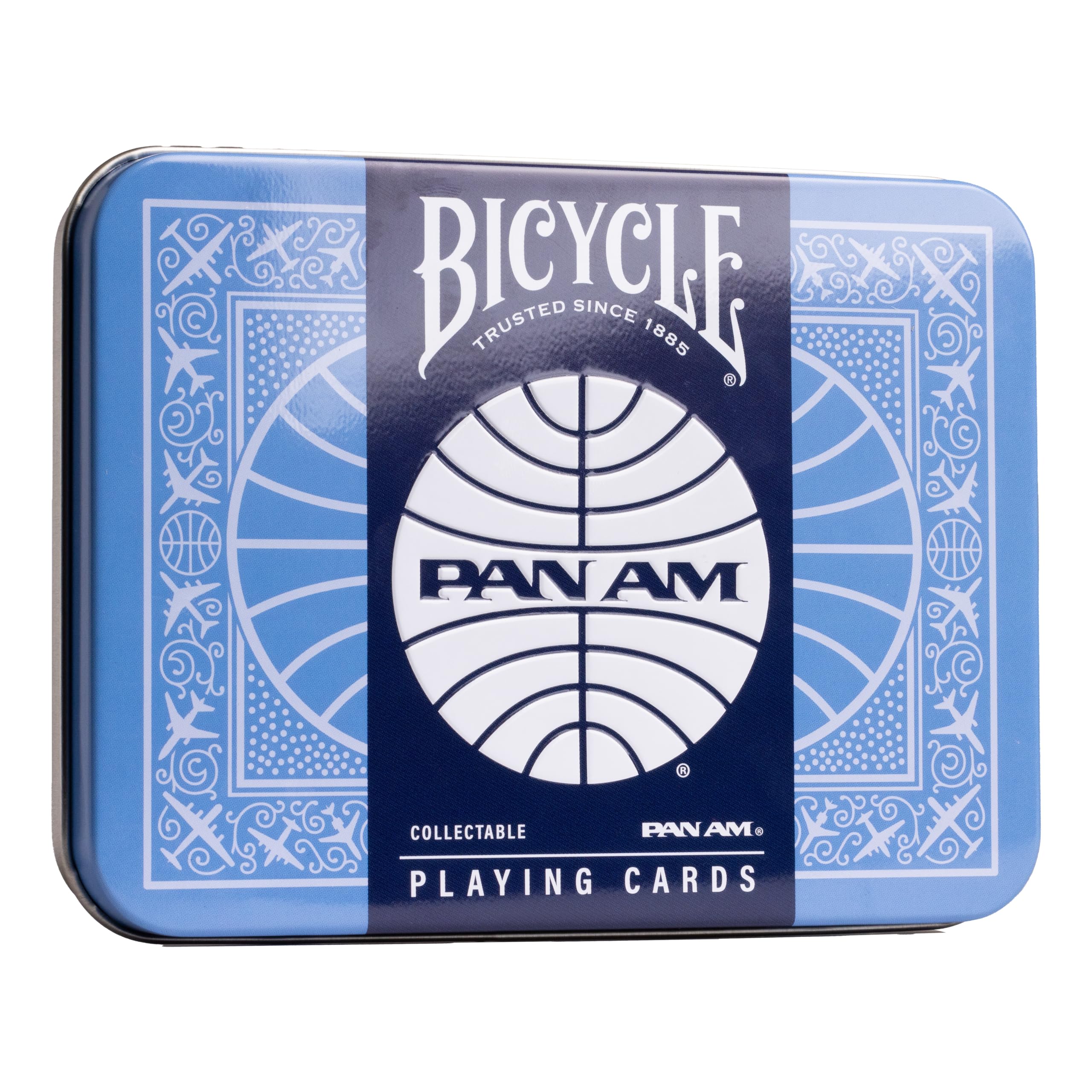 Bicycle Pan Am design deck back showcases vintage flair for collectors and travel lovers.