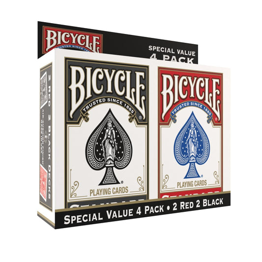 Bicycle playing cards 4-pack on table enable quick game setups.
