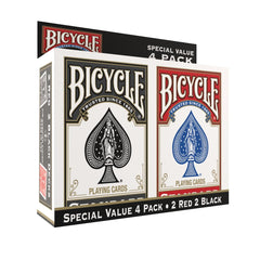 Bicycle playing cards 4-pack on table enable quick game setups.