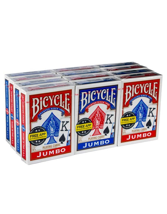Bicycle Poker jumbo-face playing cards in blue and red for clear hand reading during games