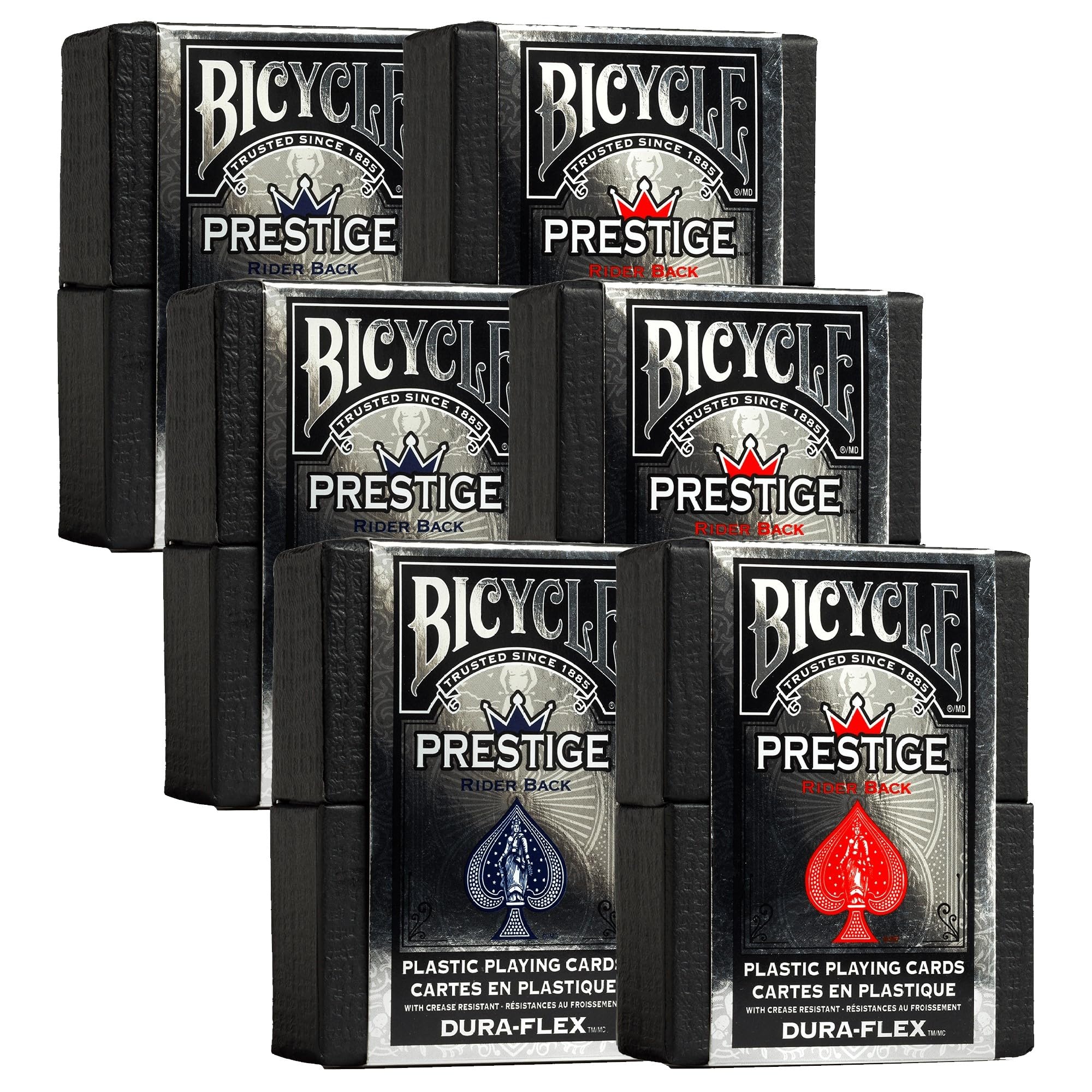 Bicycle Prestige blue-back plastic cards in action for smooth shuffles.