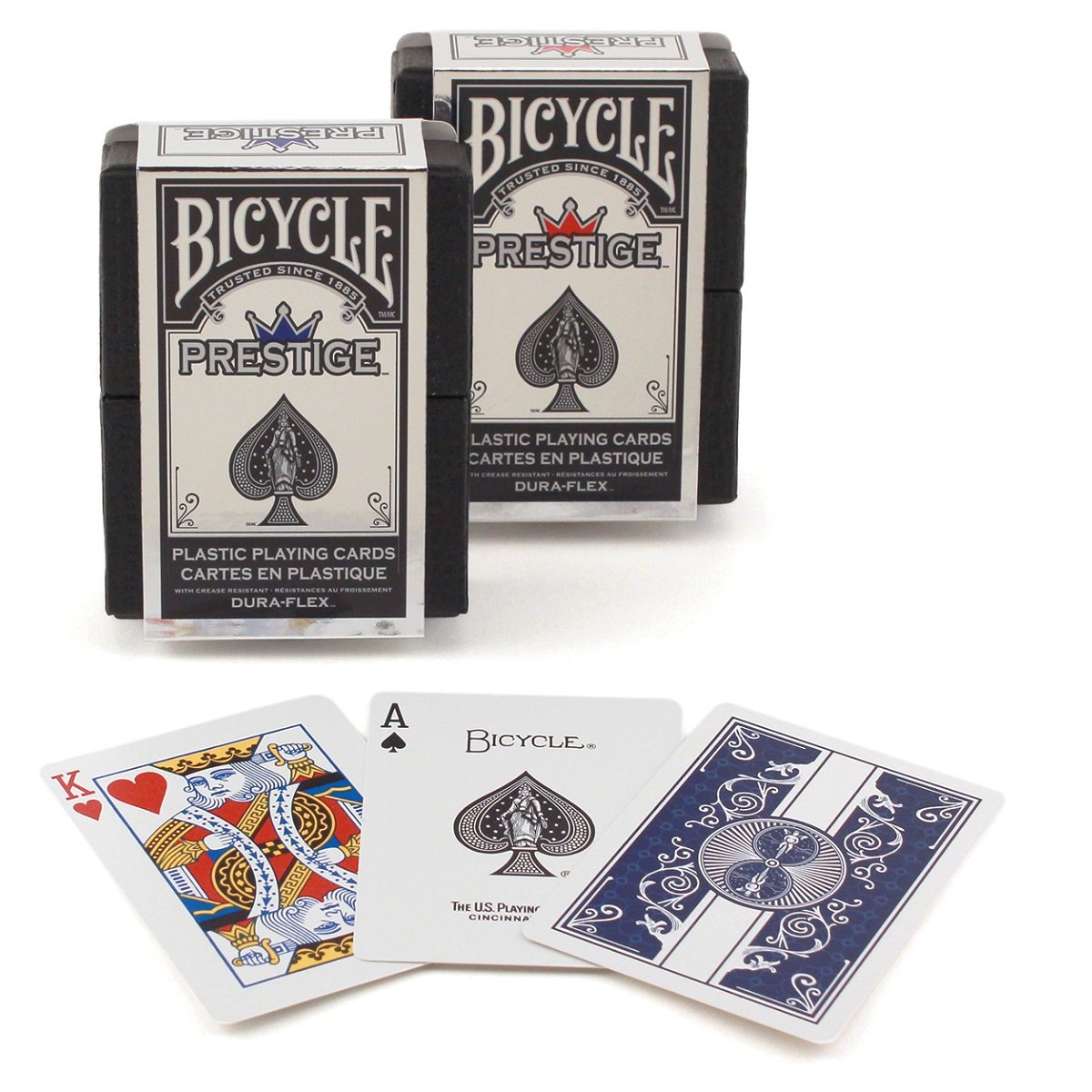 Bicycle Prestige plastic cards in red and blue offer durable, smooth gameplay for frequent shufflers