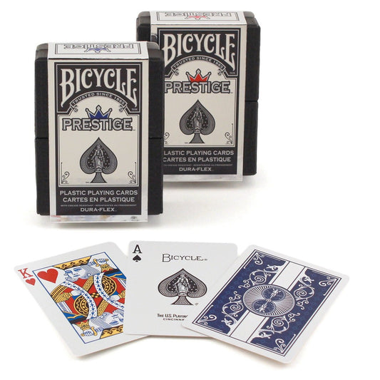 Bicycle Prestige plastic cards in red and blue offer durable, smooth gameplay for frequent shufflers