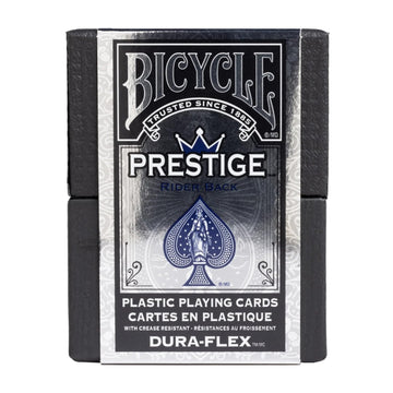 Bicycle Prestige red-back plastic cards shown with high visibility backs.