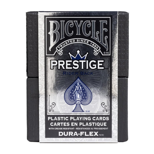 Bicycle Prestige red-back plastic cards shown with high visibility backs.