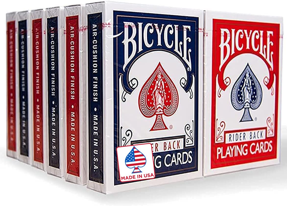 Bicycle Rider Back decks with red and blue backs for versatile family and tournament play.