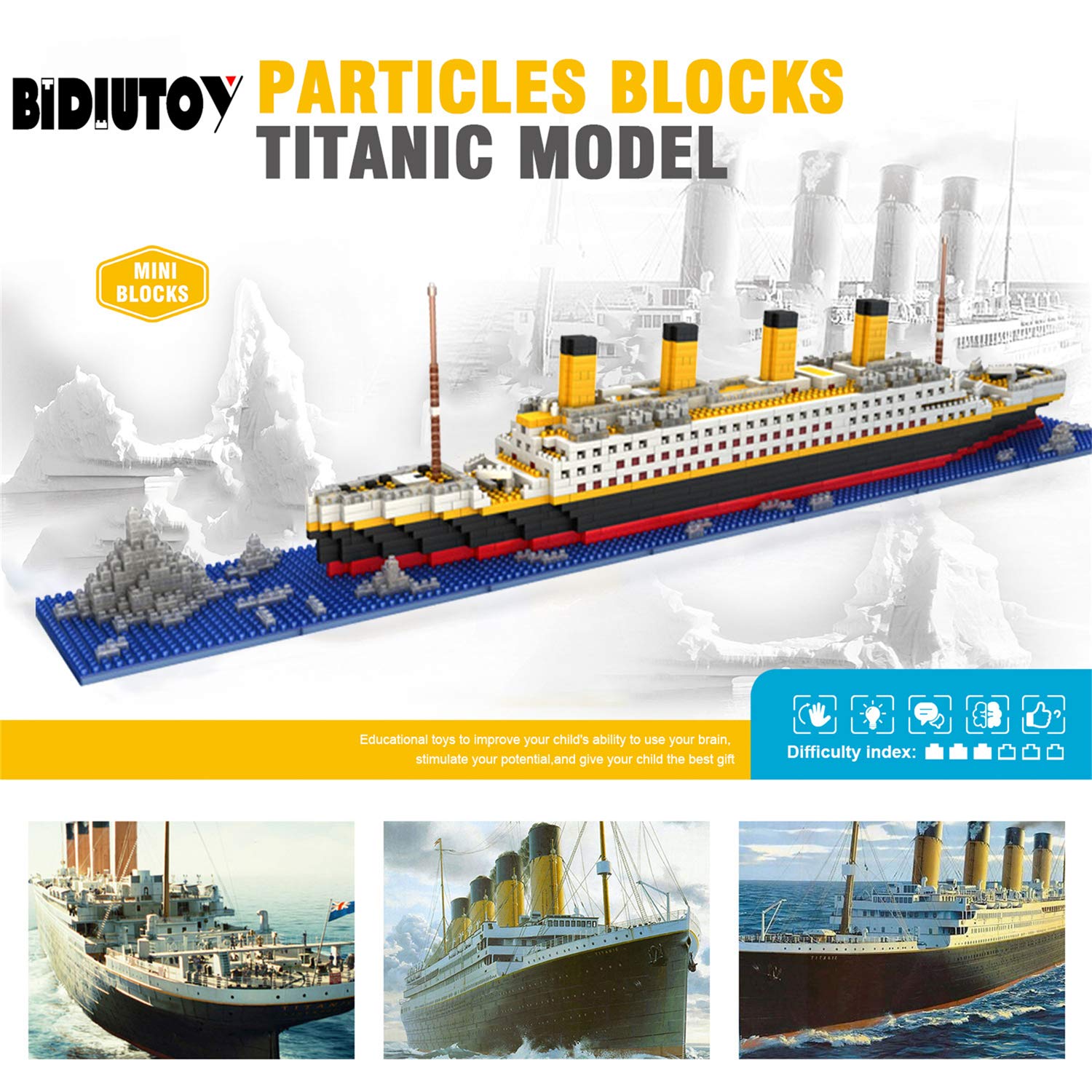 Close-up view of tiny bricks and precise connections on the Titanic set by BIDIUTOY.