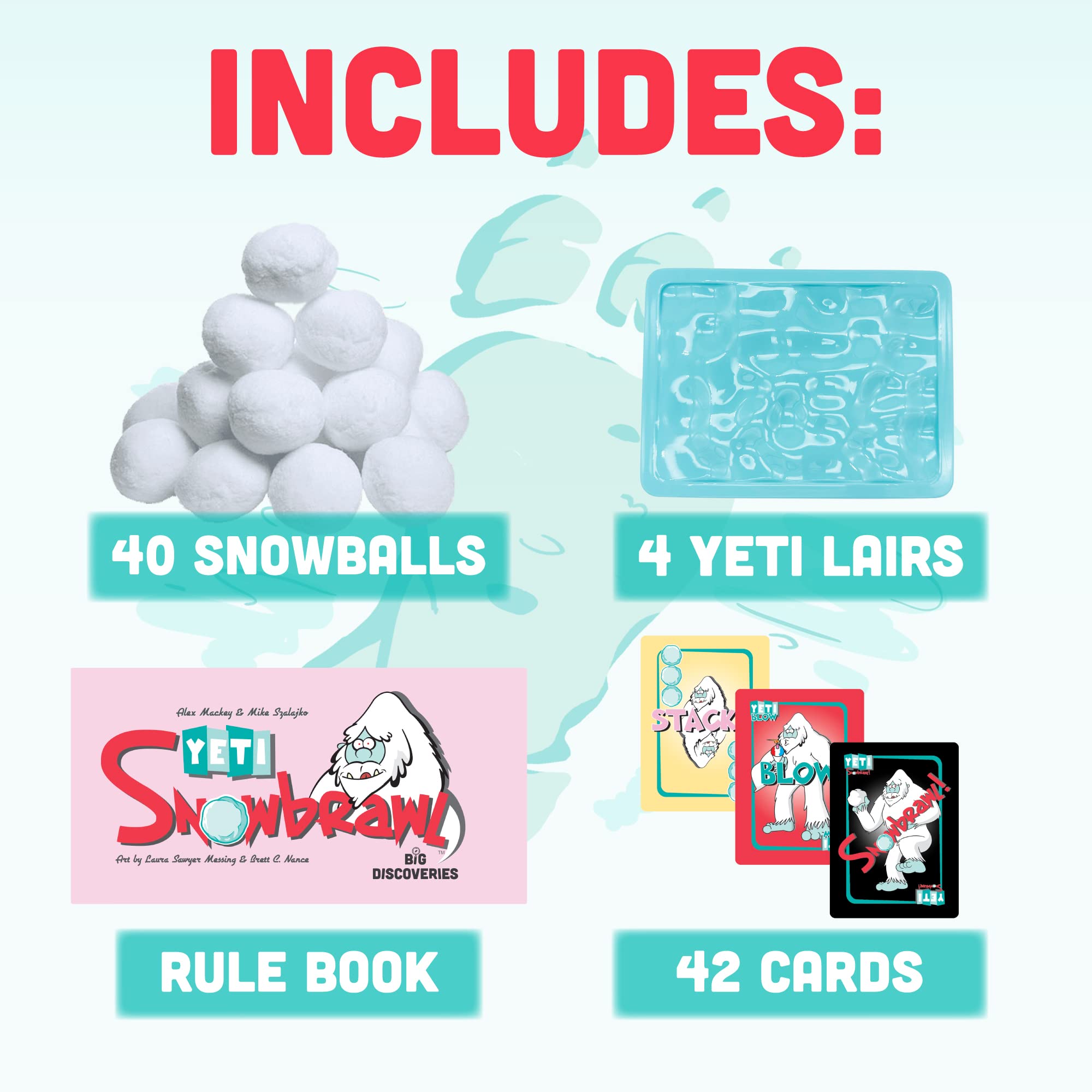 Big Discoveries Yeti Snowbrawl cards spread on the table for strategic play.