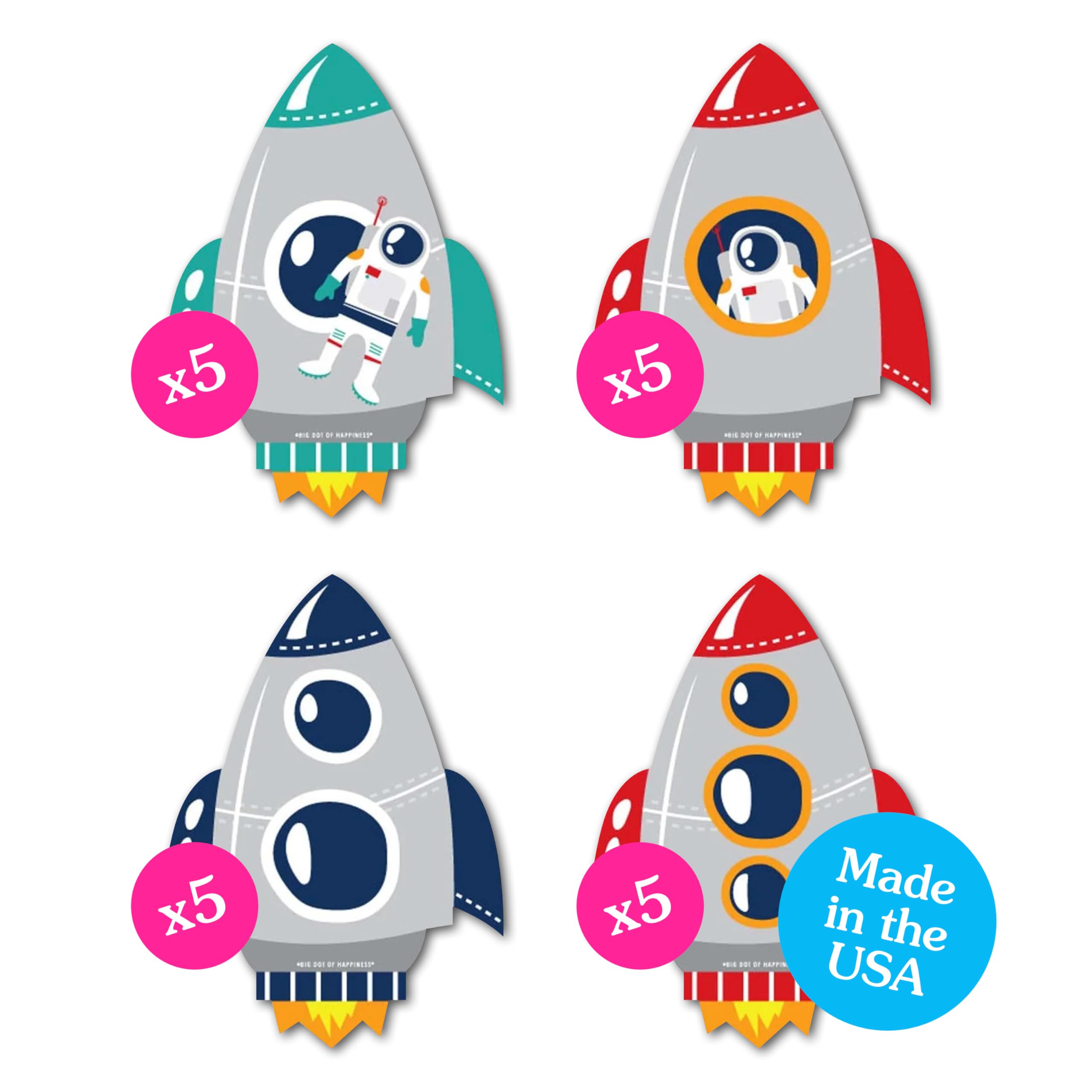 Big Dot of Happiness blast-off rocket ship cutouts, 20 pieces, ideal for DIY decor.
