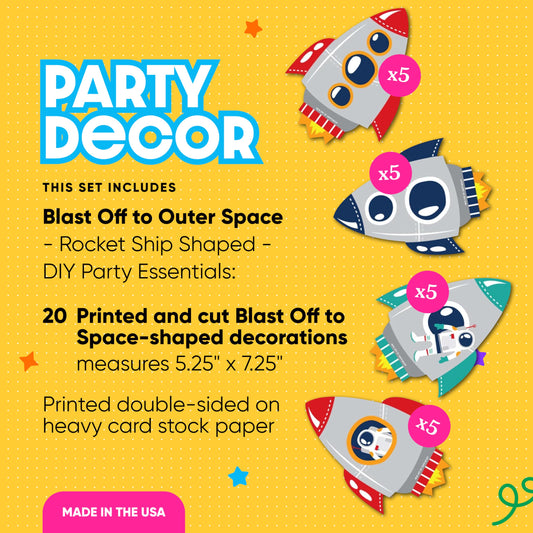 Big Dot of Happiness rocket ship cutouts for banners and hanging space party decor.