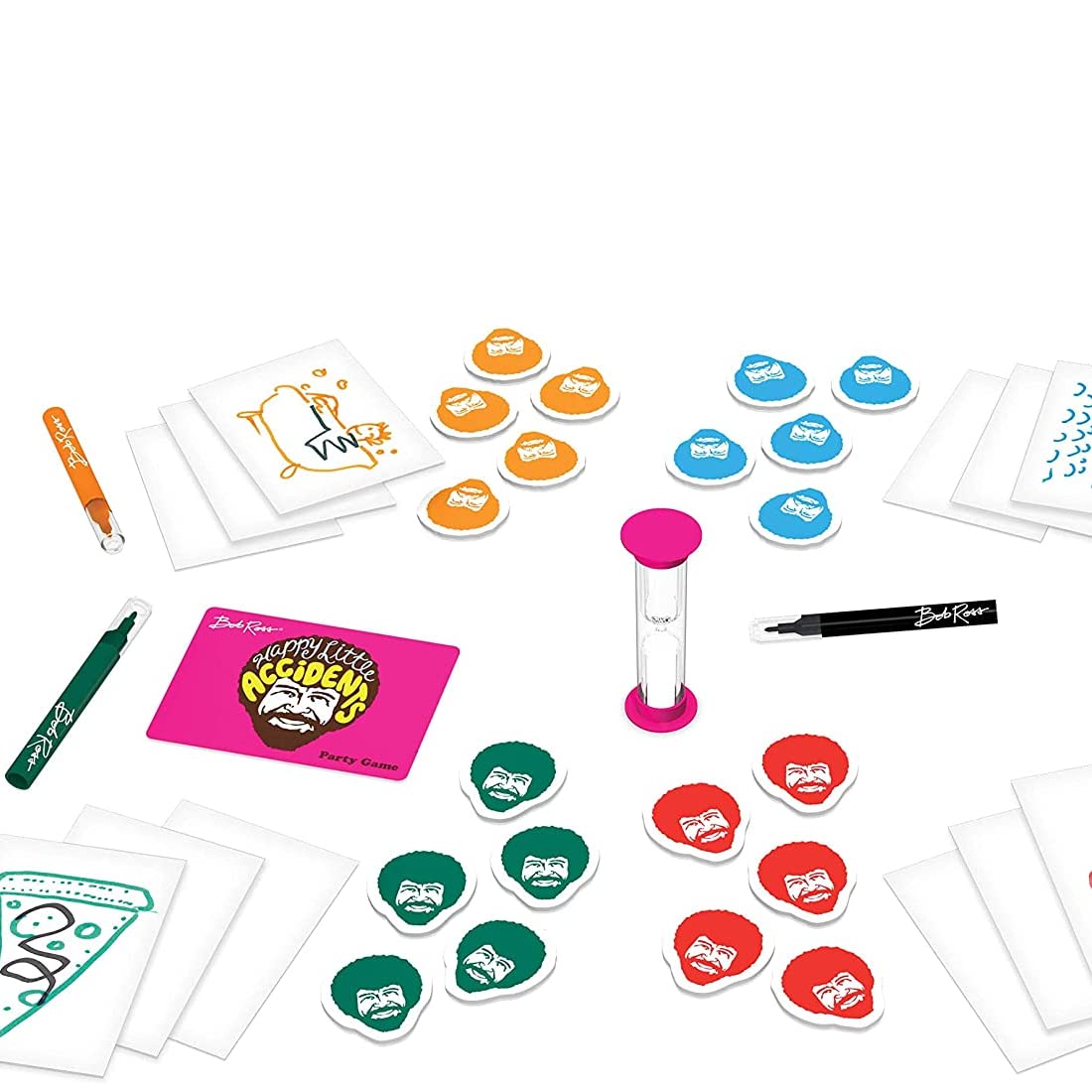 Bob Ross Happy Little Accidents drawing pad and timer for quick doodling sessions.