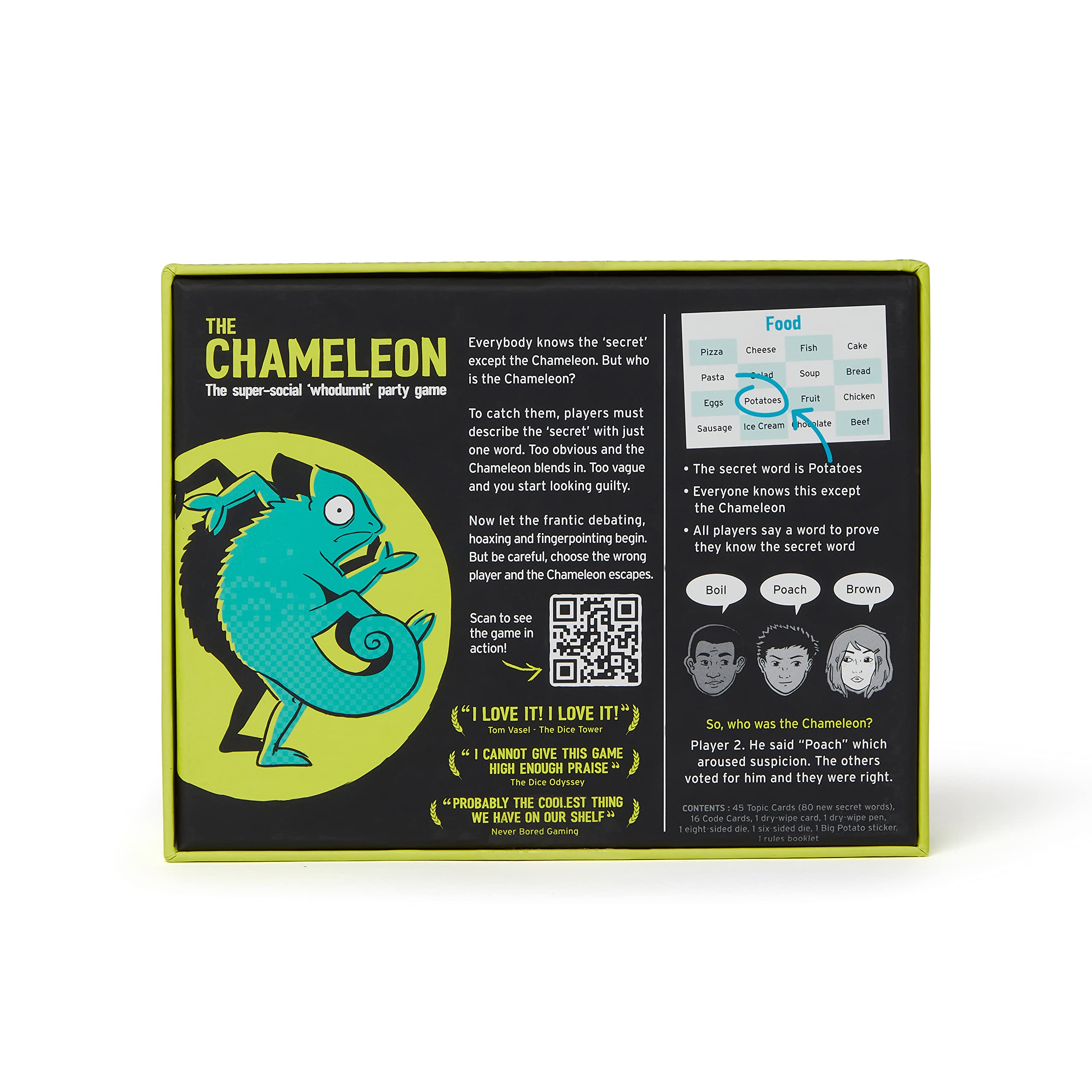 Big Potato The Chameleon game-night box and components displayed for easy setup.