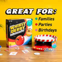 Big Potato Whirly Derby retro design evokes nostalgic marble play moments.
