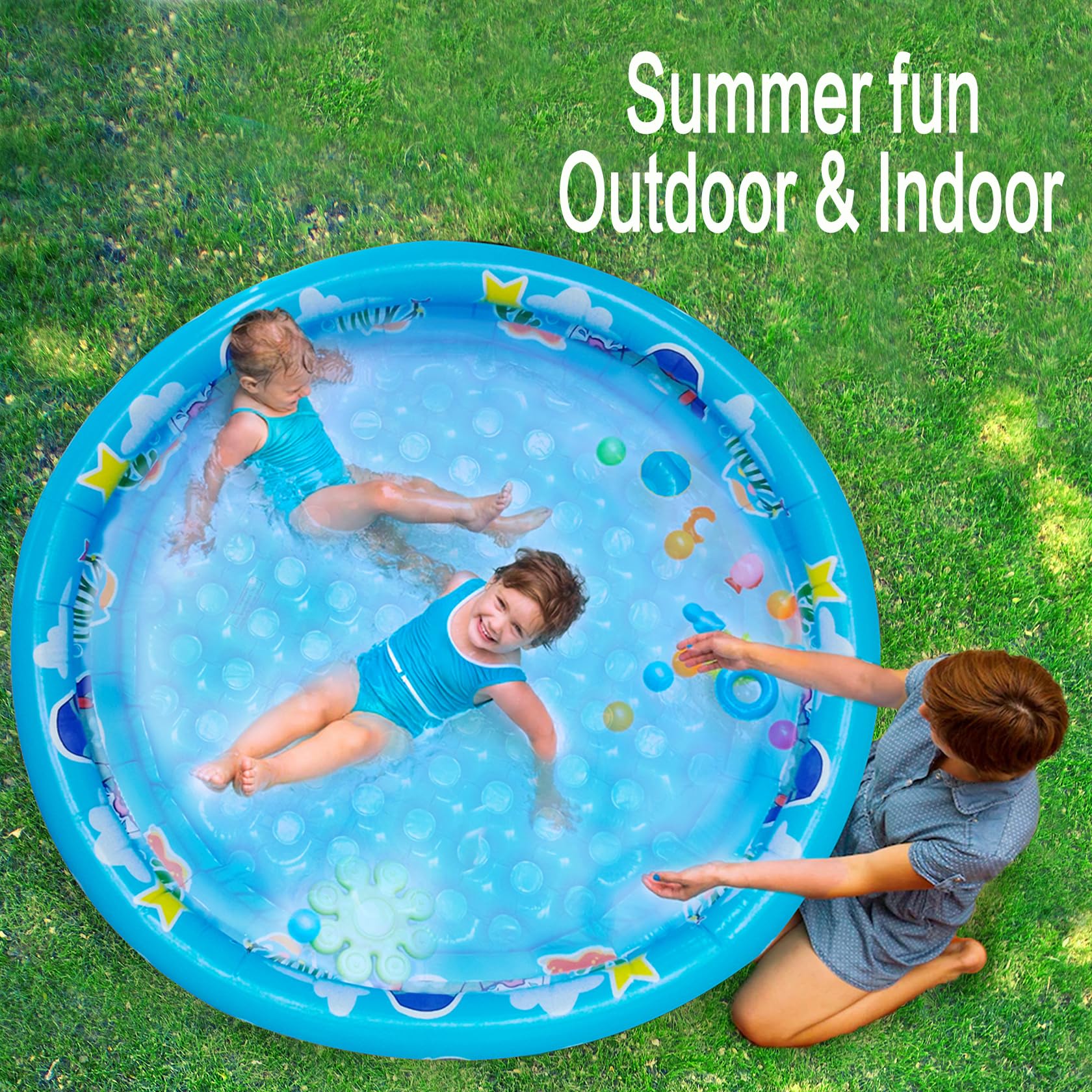 Big Summer 3 Rings Kiddie Pool dual bubble bottom promotes soft, secure play