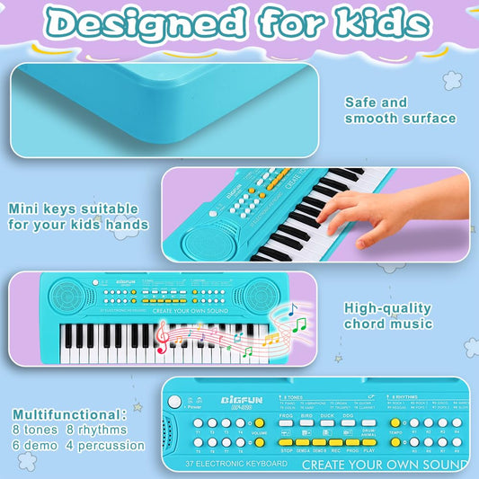 BIGFUN kids piano blue, multifunction controls emphasize versatility for learning melodies and rhythms.