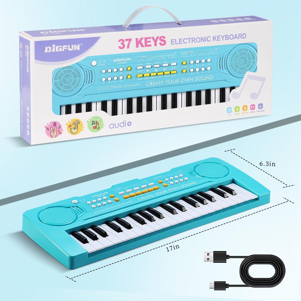 BIGFUN blue toddler keyboard demonstrates posture and hand placement for little hands.