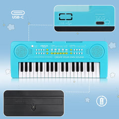 BIGFUN blue keyboard shows USB power connection for convenient charging via 5V adapter.
