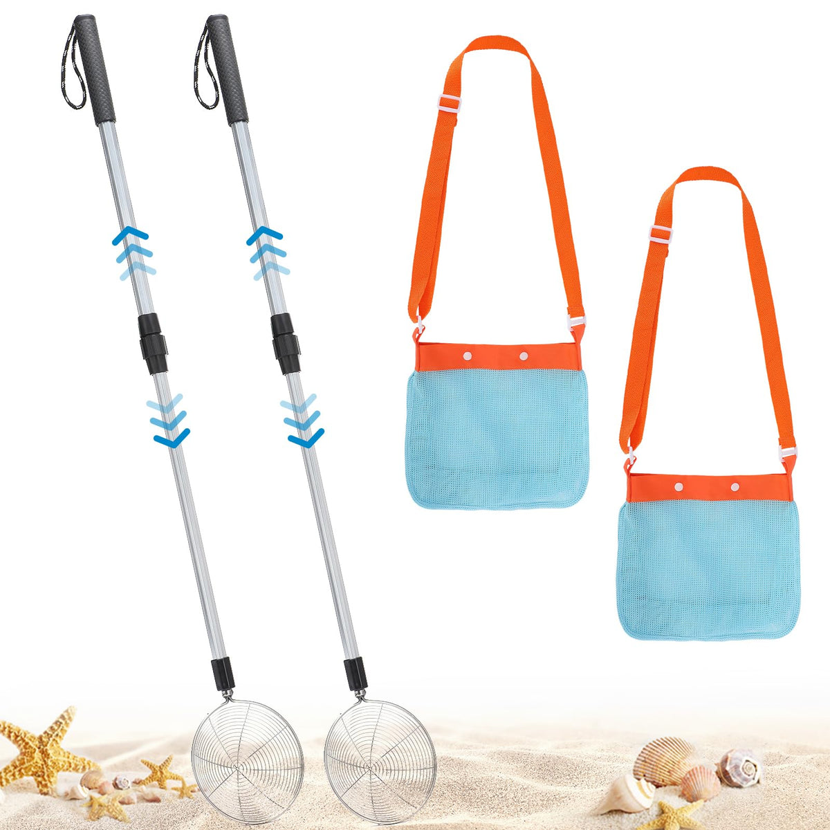 Biggun sand sifter with adjustable handle for comfortable beach treasure hunts.