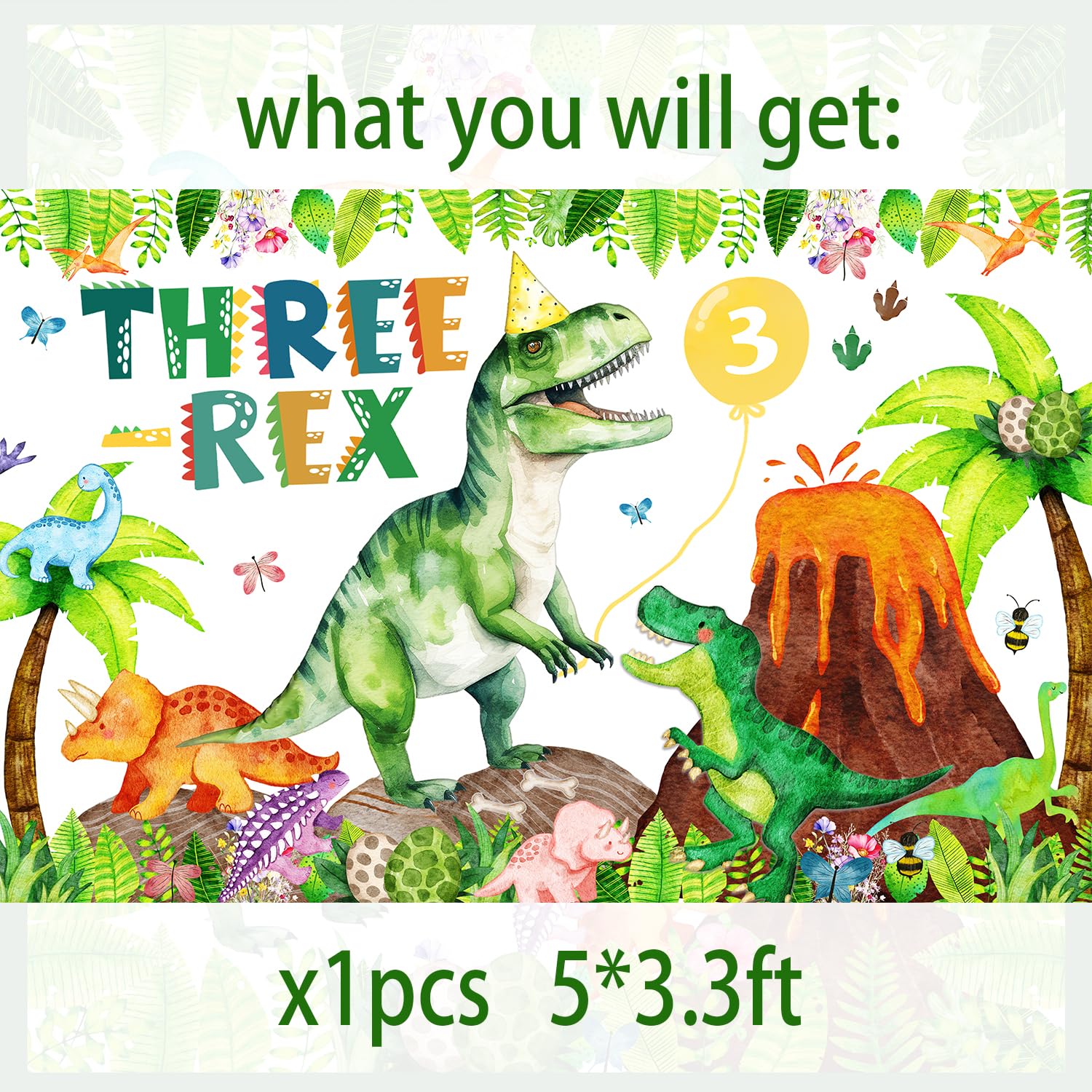 BIGKEOKI rex dinosaur backdrop with jungle leaves enhances party decor.