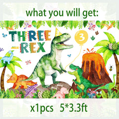 BIGKEOKI rex dinosaur backdrop with jungle leaves enhances party decor.