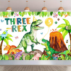 BIGKEOKI Three Rex banner backdrop for vibrant green dino party photos.