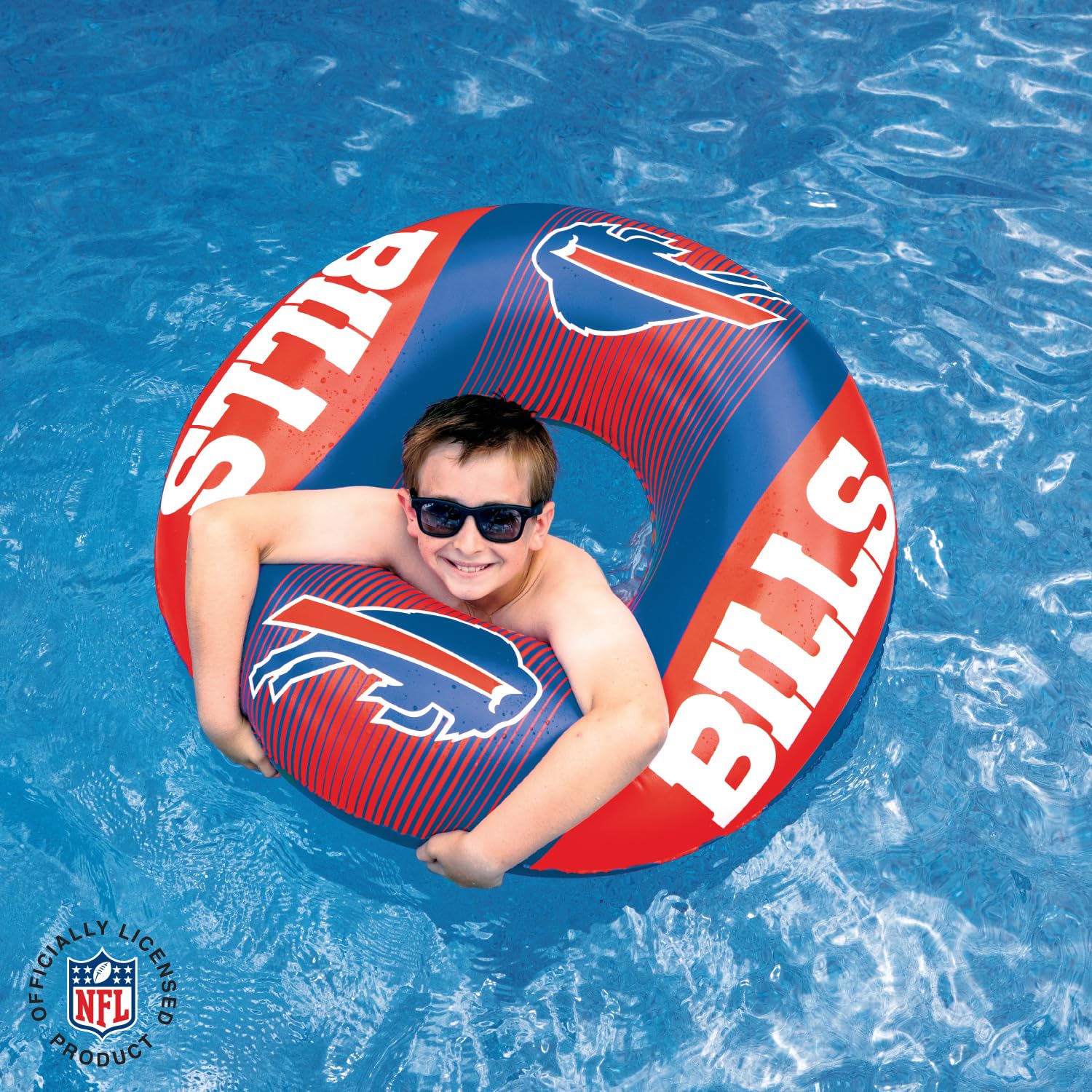 Buffalo Bills logo on BigMouth pool float enhances fan immersion.