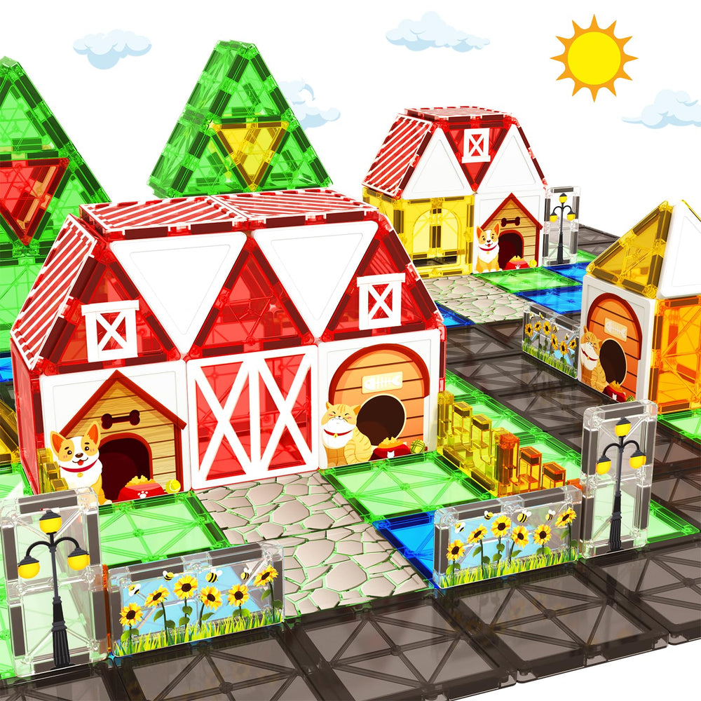 BigShu magnetic tiles Farm House setup for imaginative play and building skills.