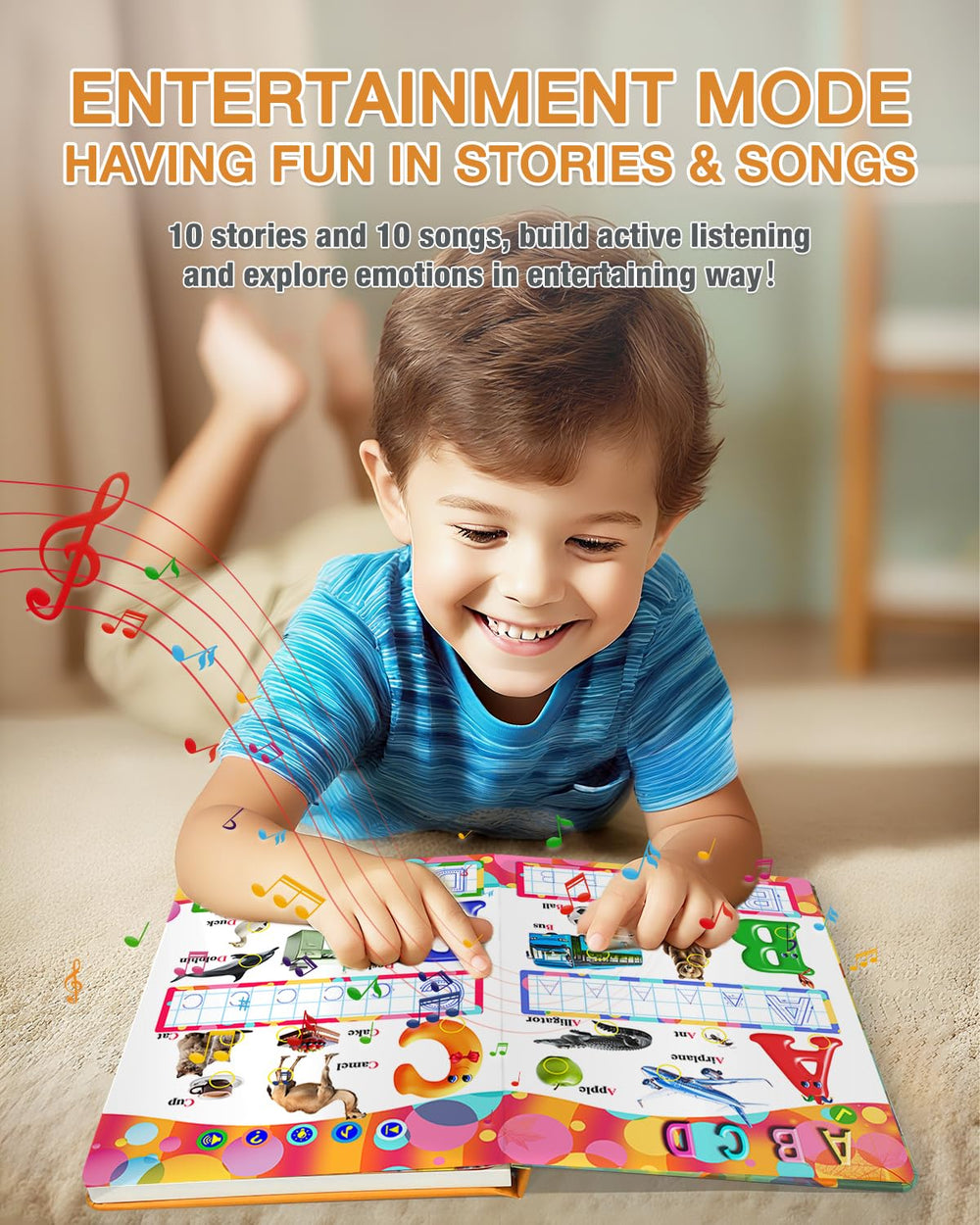 Biidi pressing yellow circles on page, instant spoken words and engagement for early learning.