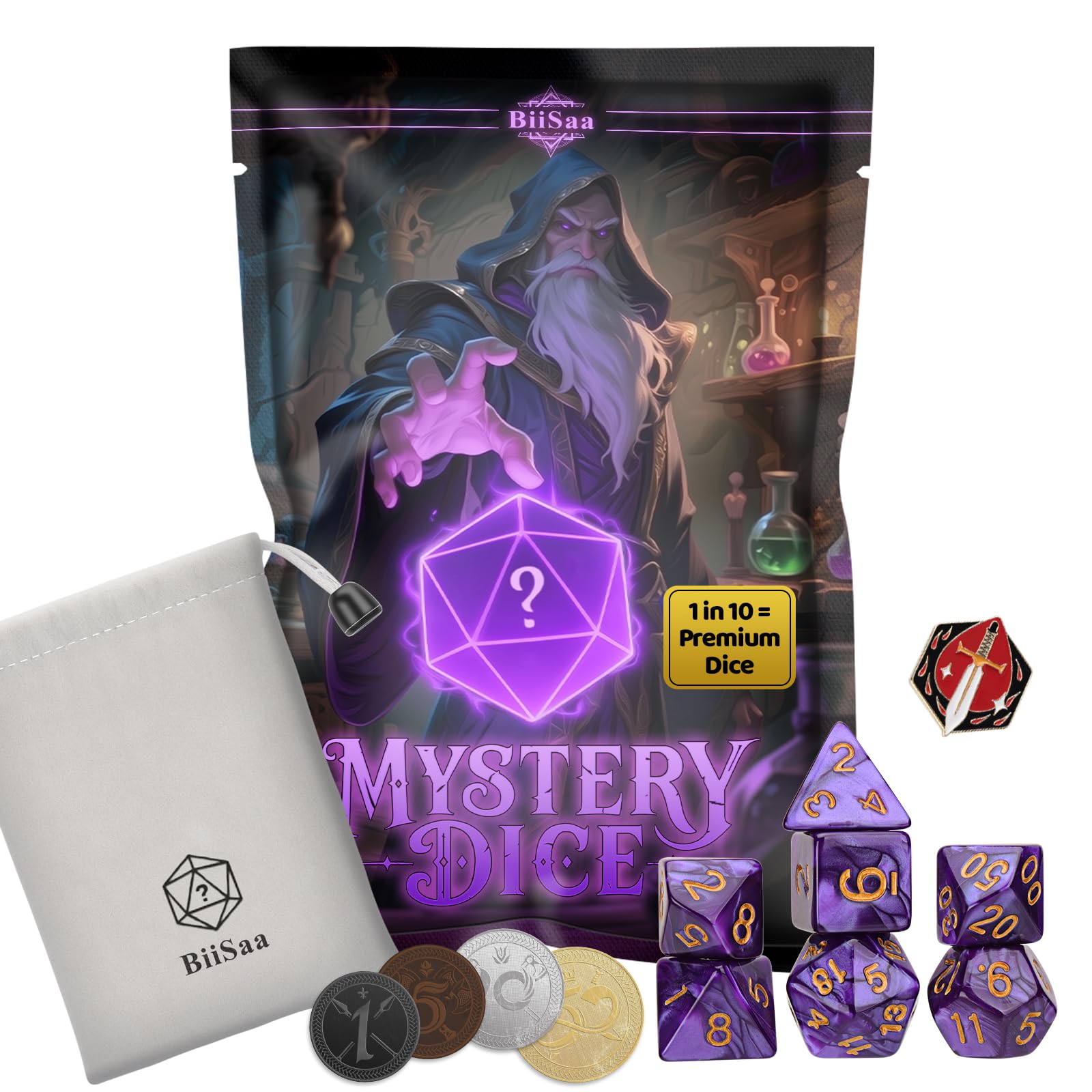 BiiSaa DND Mystery Dice Set on table with seven polyhedral dice for quick rolls.