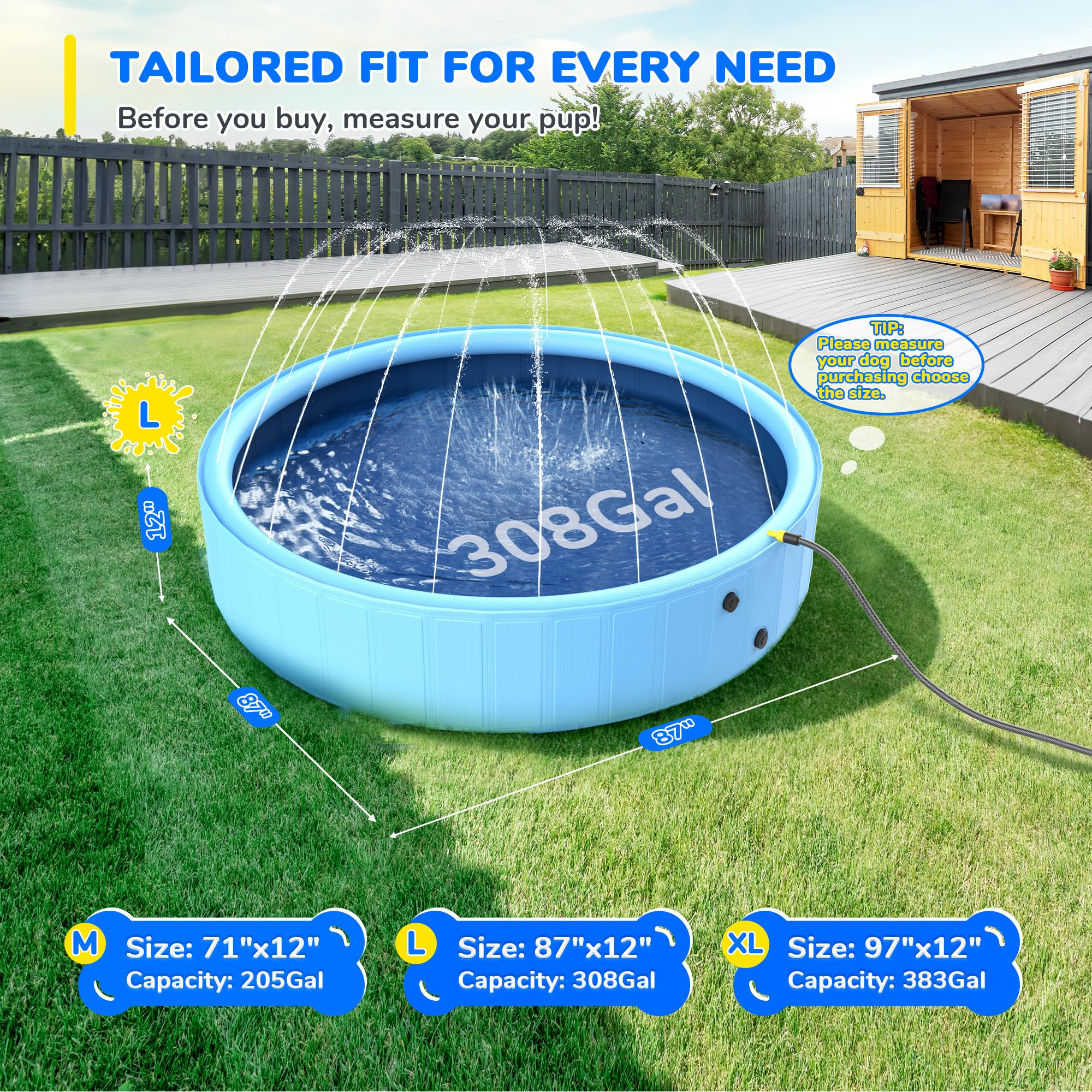 Bilibara 87inch foldable dog pool set up in backyard for family fun.