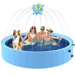 Bilibara 87inch foldable dog pool with a water-dipping scene for pets cooling on hot days.