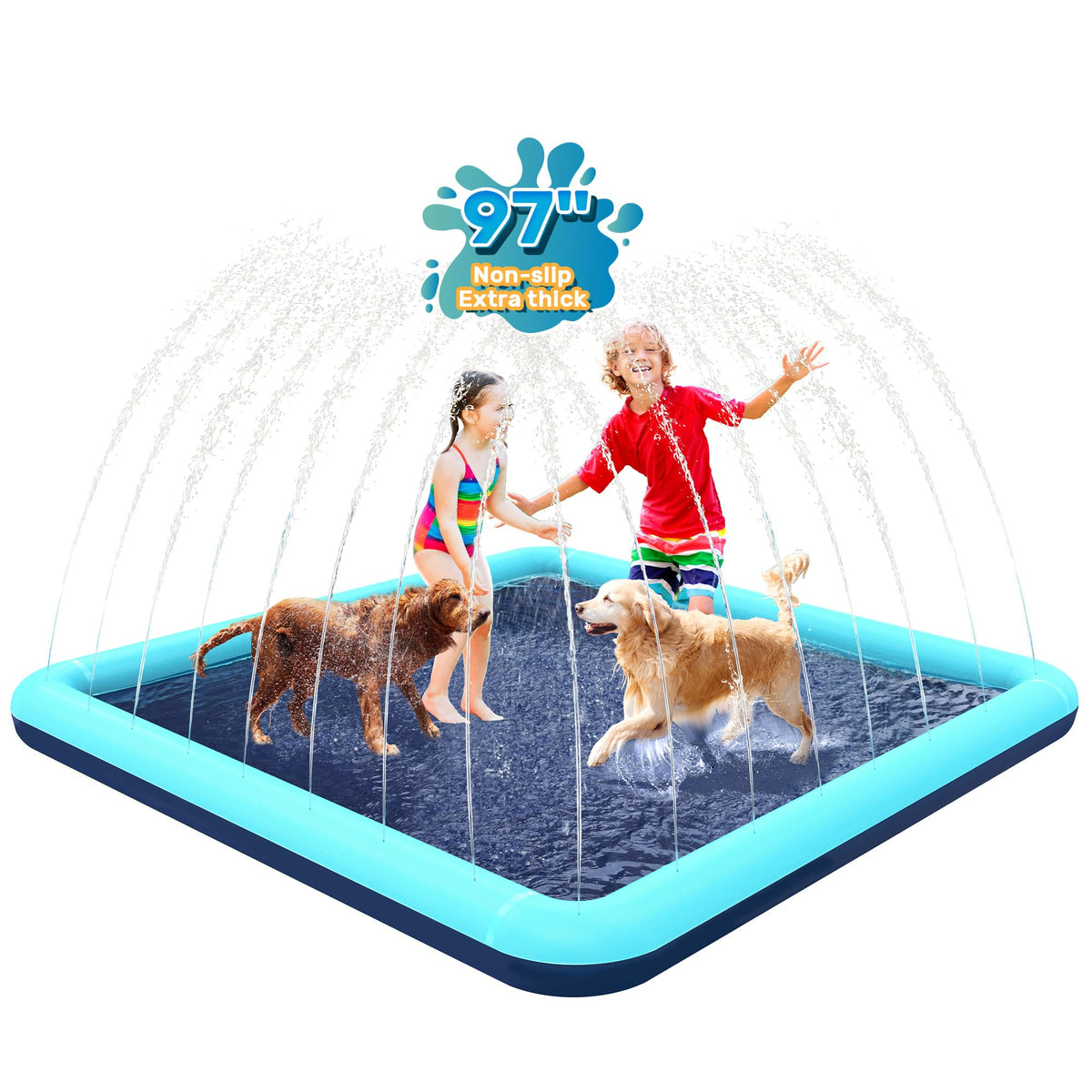 Bilibara ninety-seven-inch splash pad for dogs in teal provides cooling and safe outdoor play.
