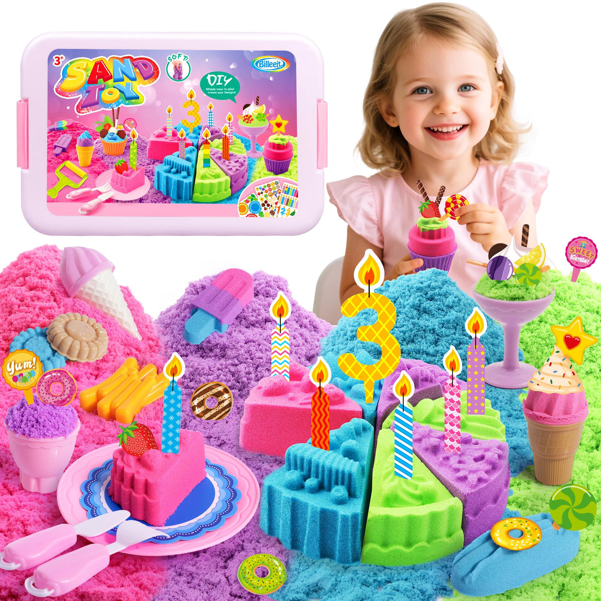 Billeeit cake-ice-cream sensory bin with colorful molds for imaginative pretend play