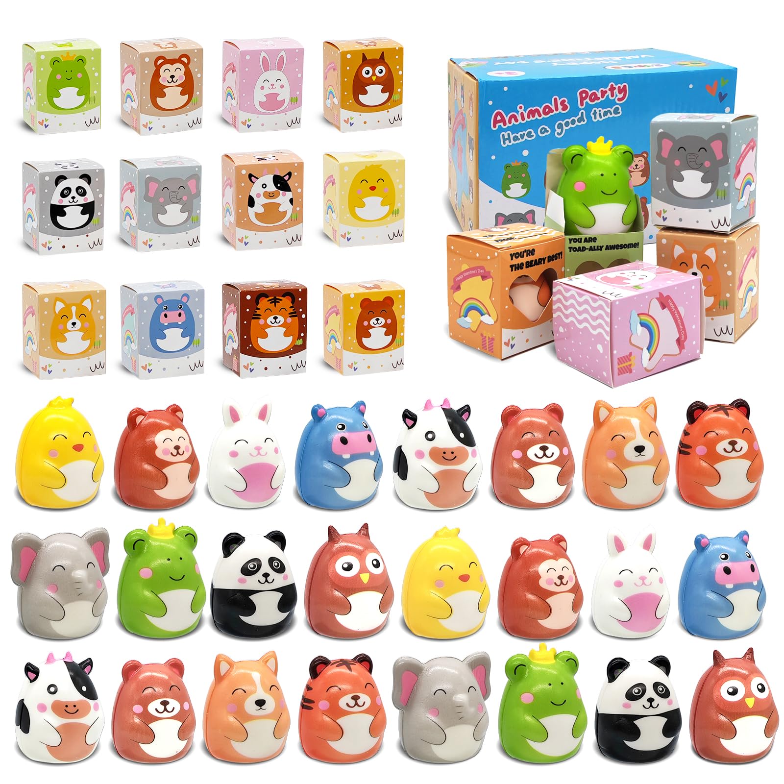 BillMOSS Valentines 24-pack boxes with animal squishies for classroom gift exchanges