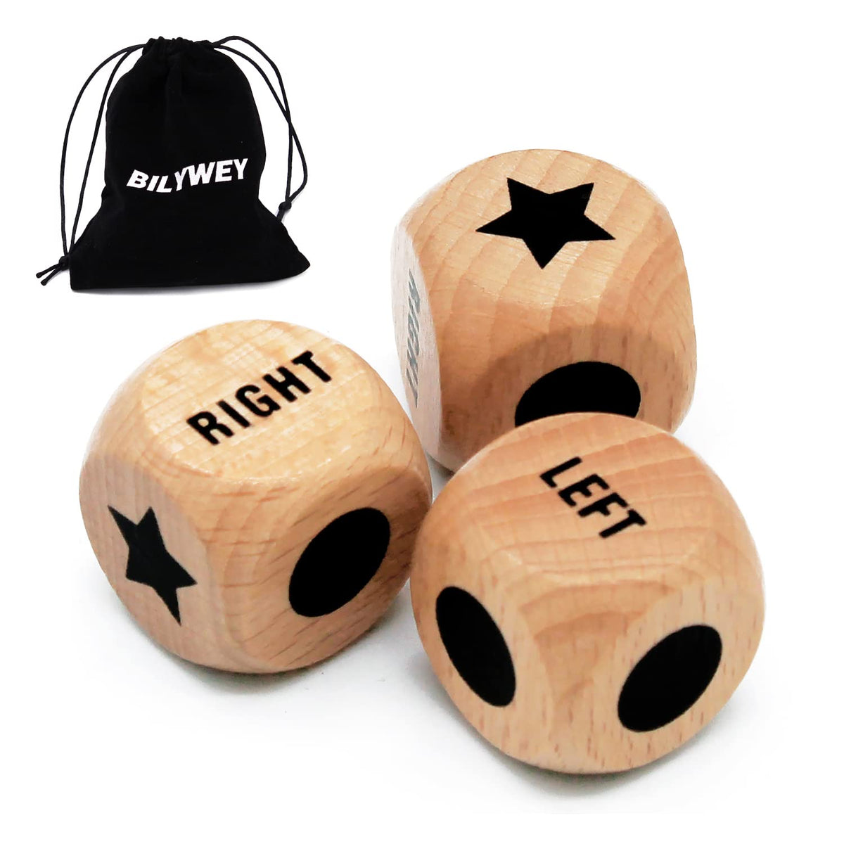 Bilywey left right center dice set in beech wood with drawstring bag for easy transport