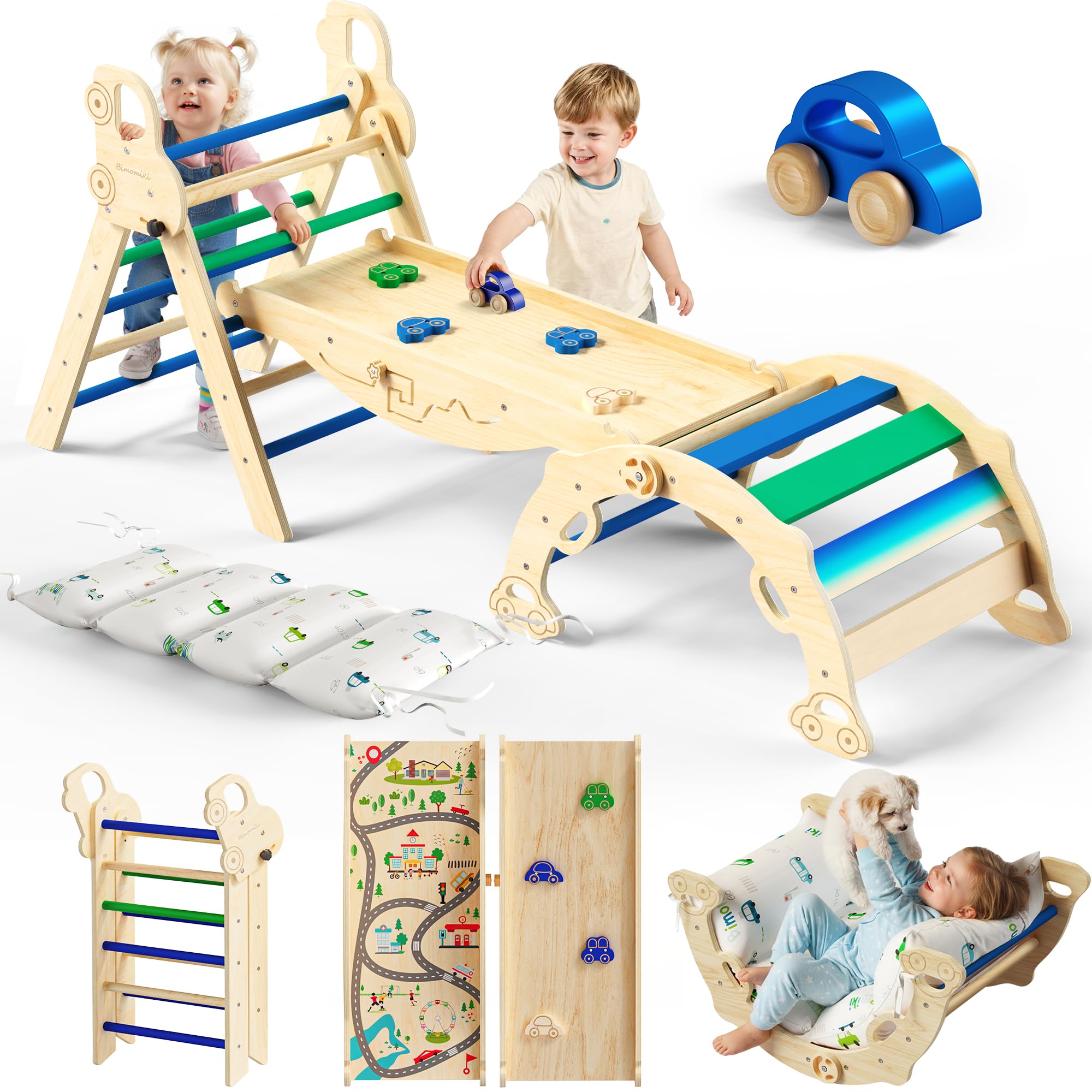 Bimomiki Pikler triangle with cushion for cozy, safe indoor climbing and sensory play.