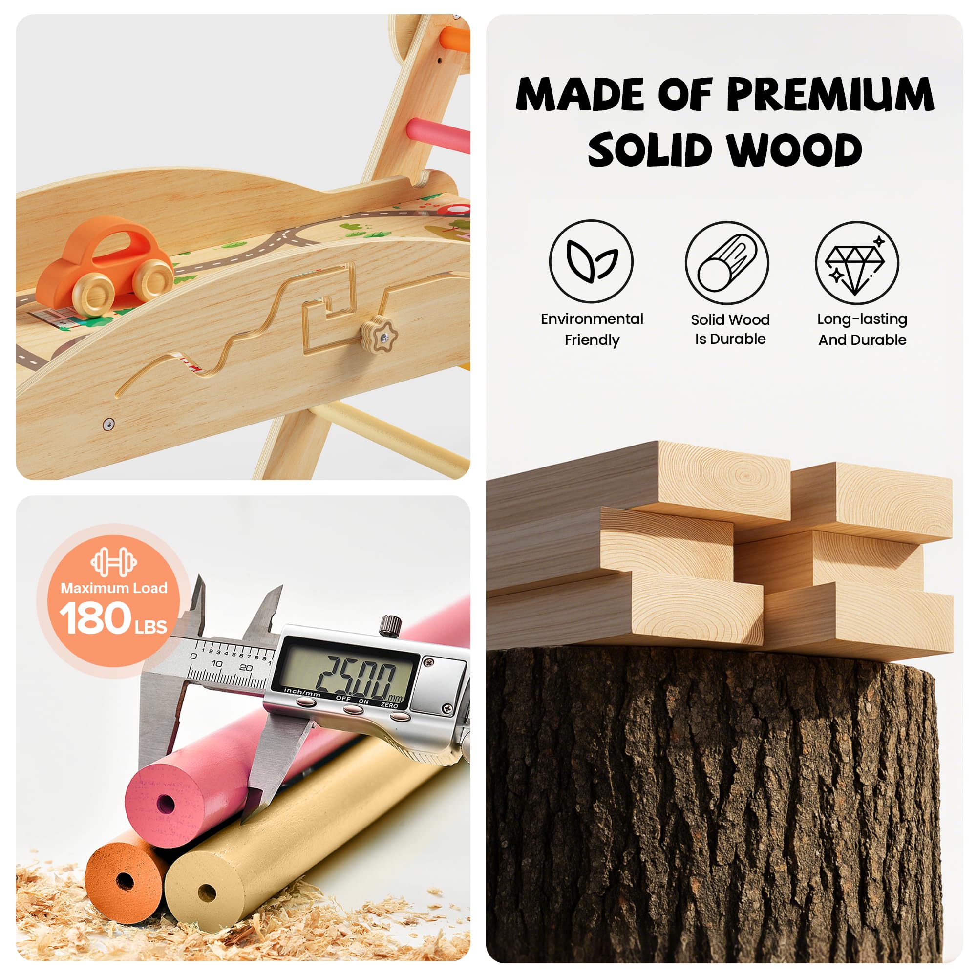 Bimomiki Pikler reinforced wood ensures stability and long-lasting use.