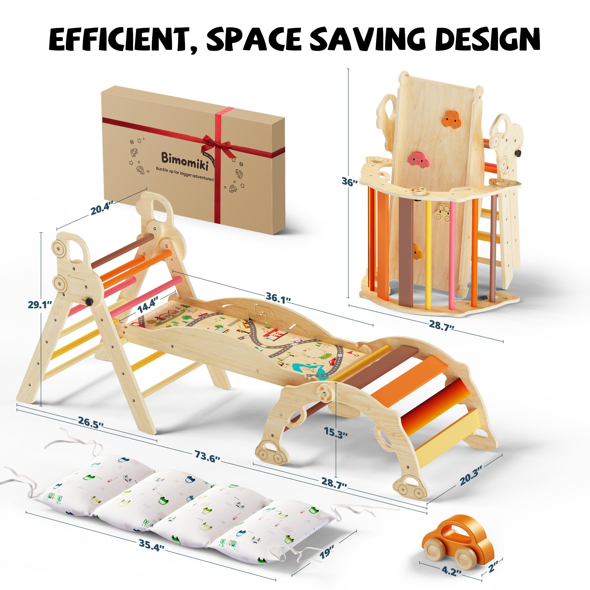 Bimomiki Pikler wooden cars glide smoothly for pretend play.