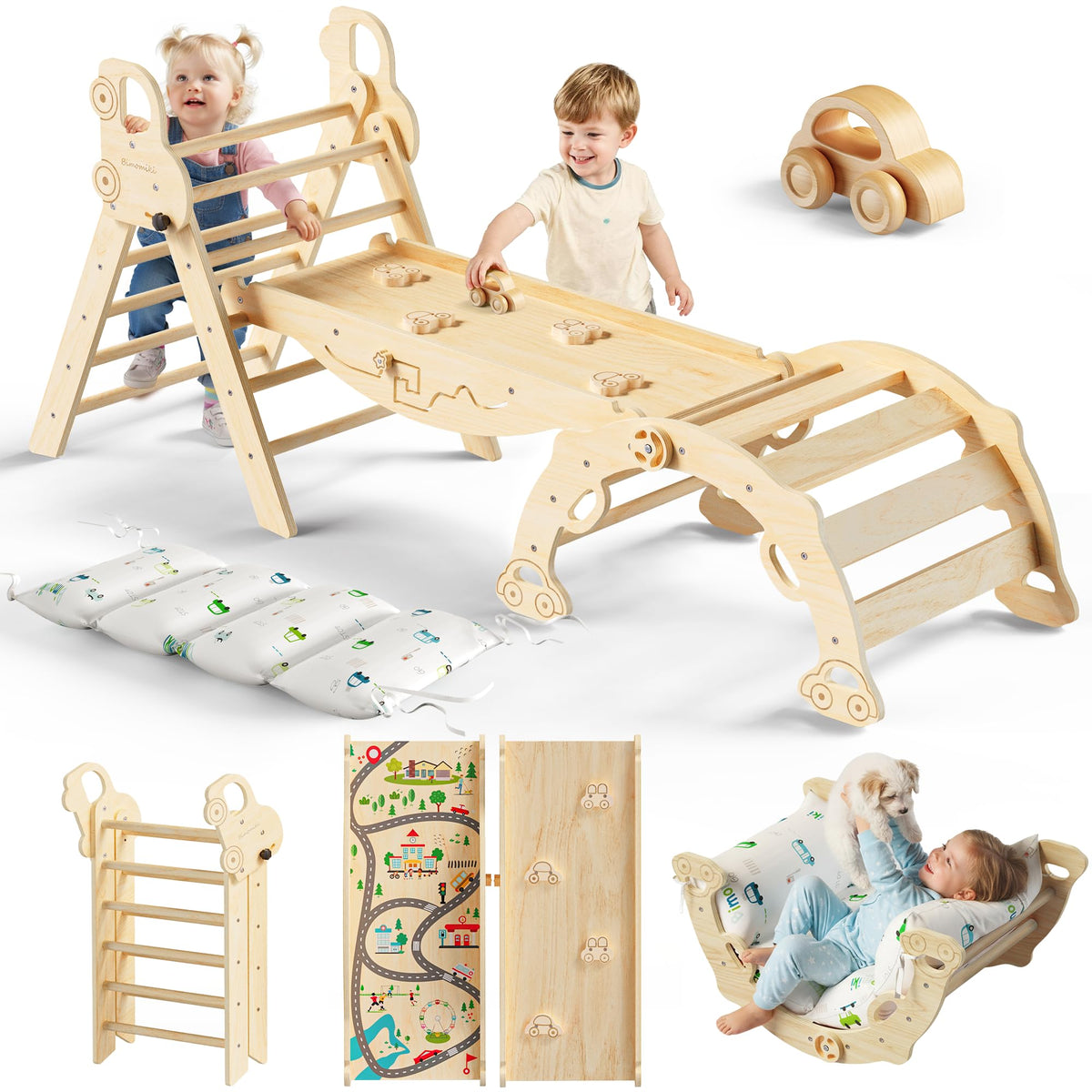 Bimomiki Pikler Triangle wooden climber with secure frame for safe early climbing.