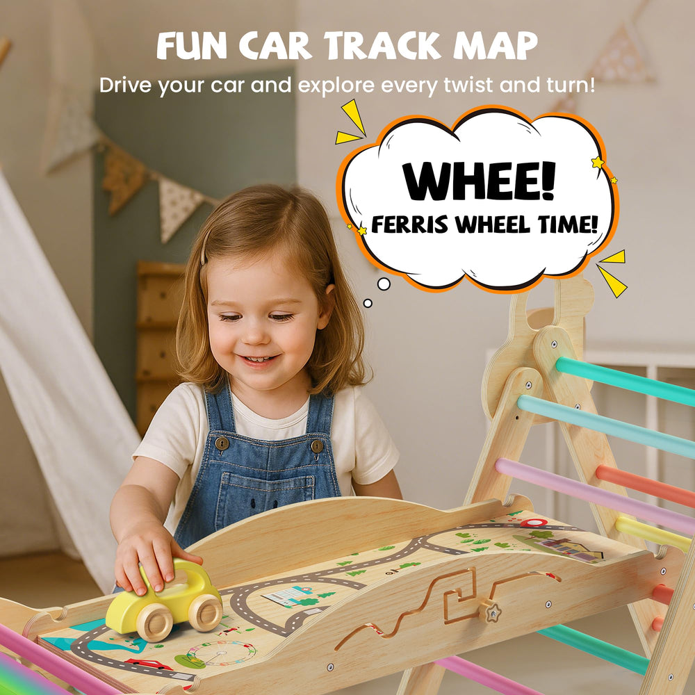 Bimomiki wooden car route track adds racing and pretend play