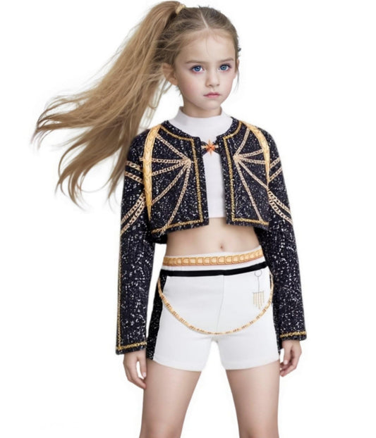 Binbo Rumi golden costume jacket close-up, sparkling detail for glamorous cosplay moments.