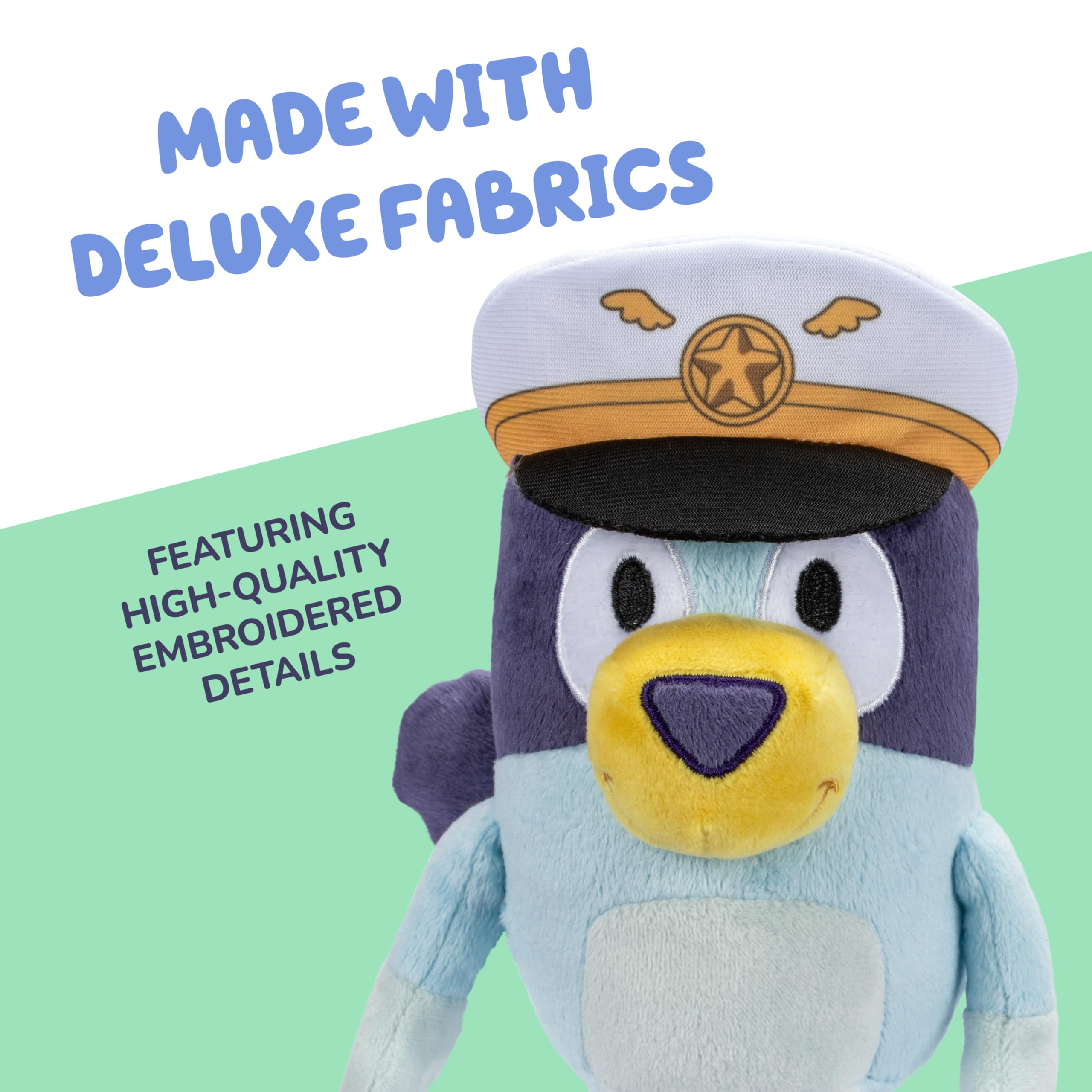 Bingo plush in holiday hat and sandals for travel storytelling.