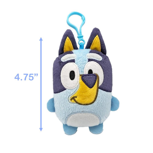 Bingo mini plush clipped to a backpack for easy travel and play