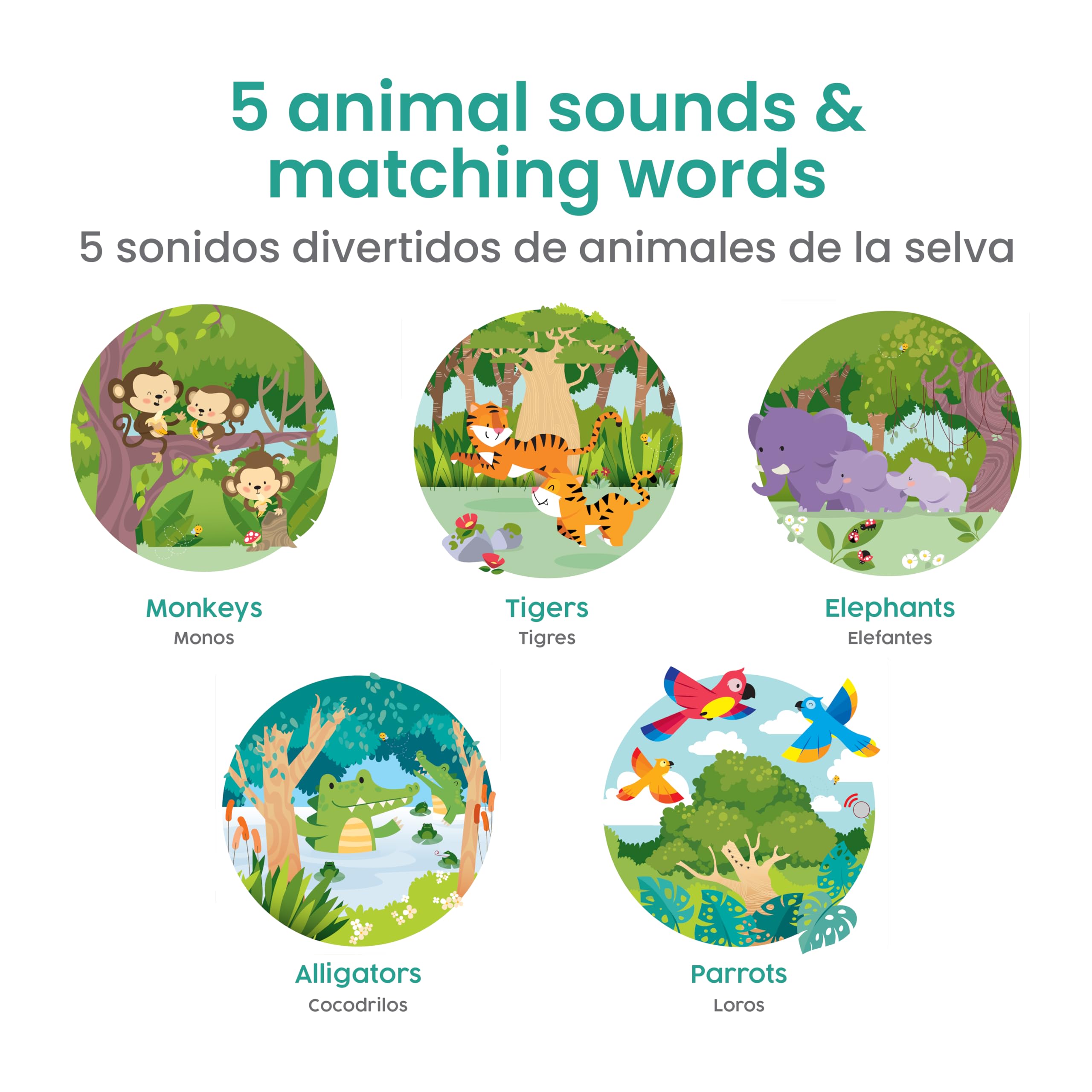 Binibi La Selva page tiger sound supports interactive Spanish practice for toddlers