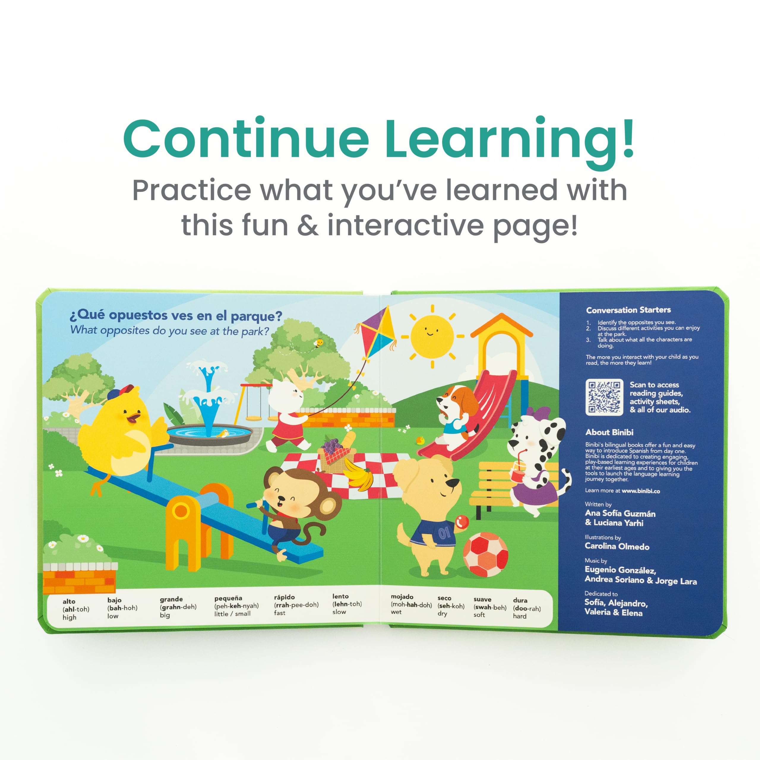 Binibi Spanish Musical Book features an on/off button with replaceable batteries.