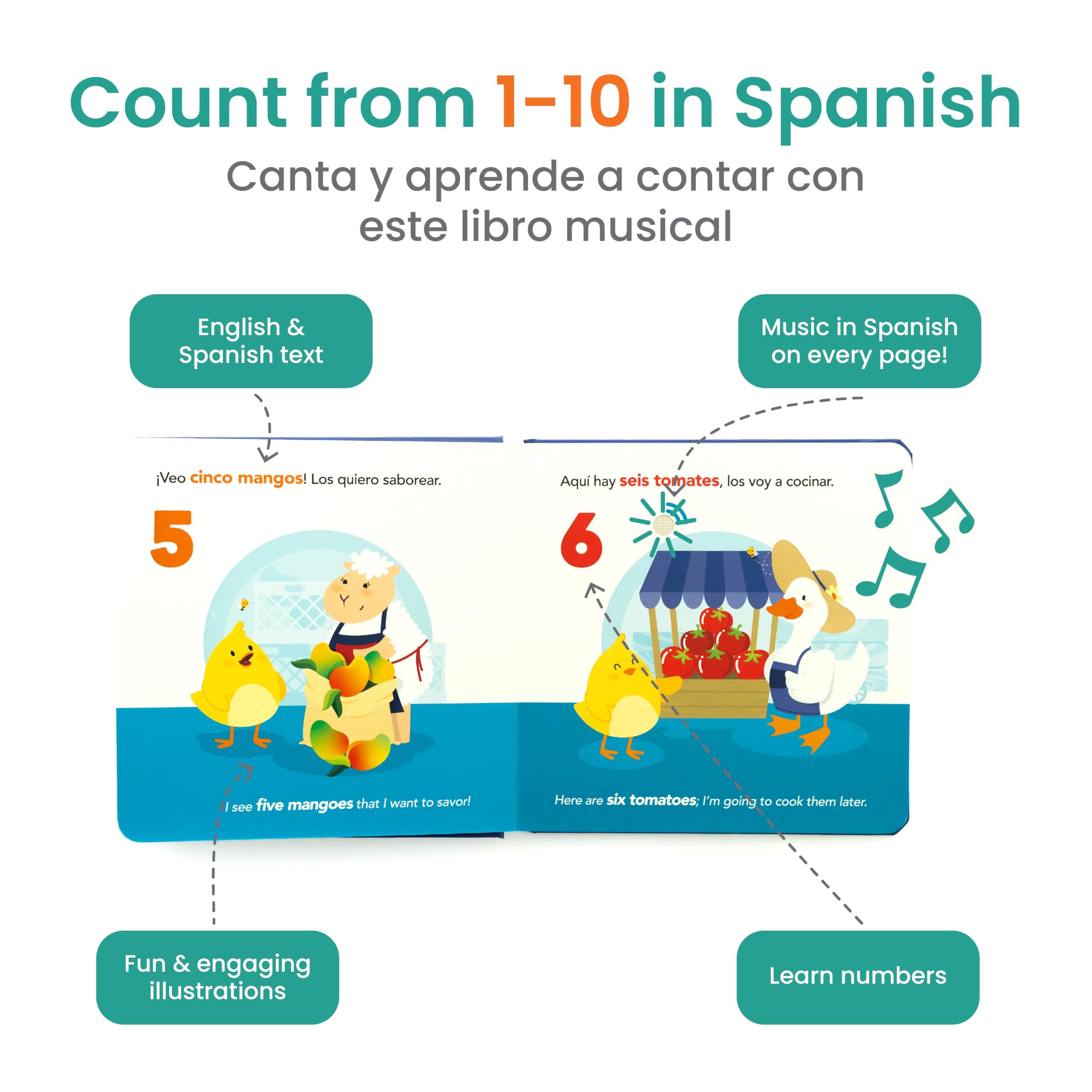 Inside pages of Binibi Spanish musical book with scenes and songs for counting practice