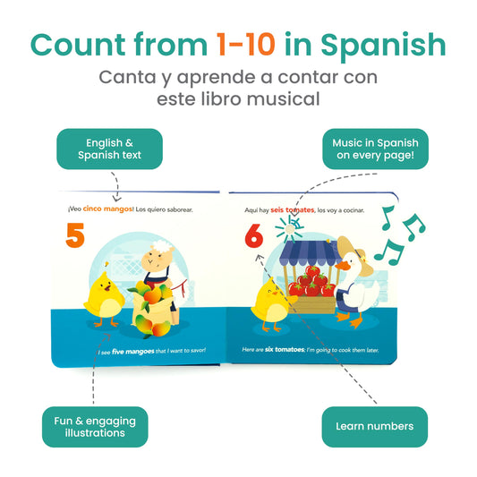 Inside pages of Binibi Spanish musical book with scenes and songs for counting practice